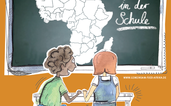 Zeichnung von zwei Schüler*innen vor einer Tafel. Aufschrift "Afrika in der Schule". ©GEMEINSAM FÜR AFRIKA