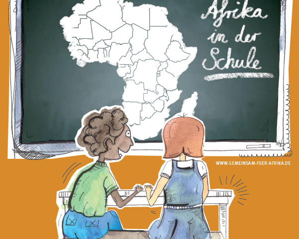 Zeichnung von zwei Schüler*innen vor einer Tafel. Aufschrift 