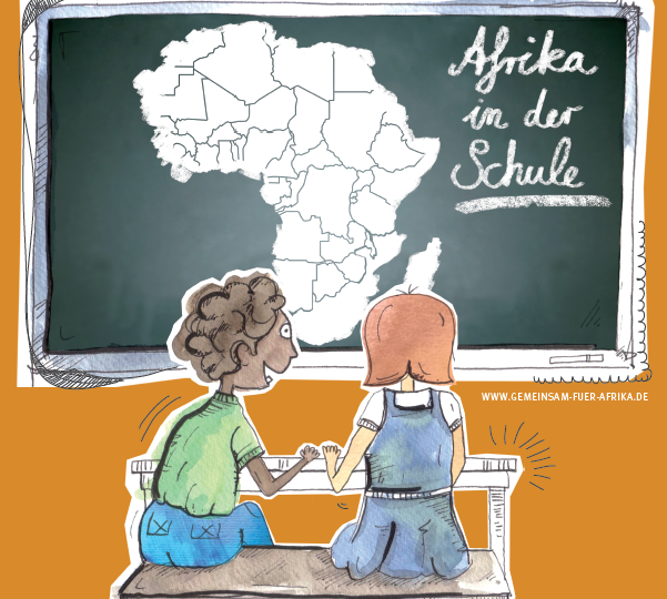 Zeichnung von zwei Schüler*innen vor einer Tafel. Aufschrift "Afrika in der Schule". ©GEMEINSAM FÜR AFRIKA