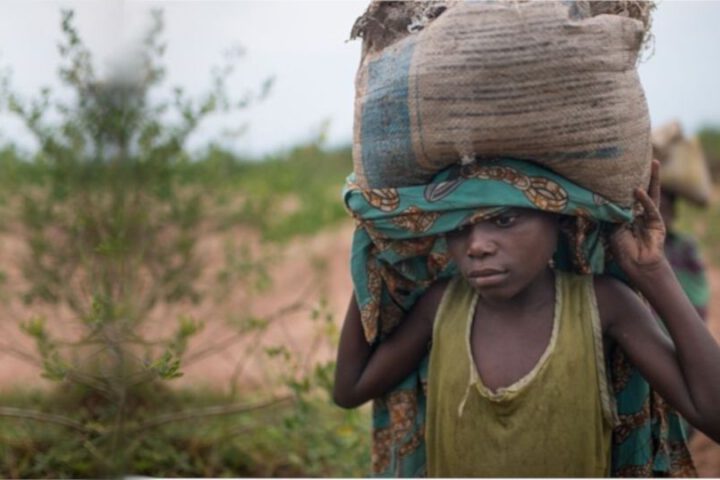 Junges Kind trägt schwere Last auf dem Kopf.